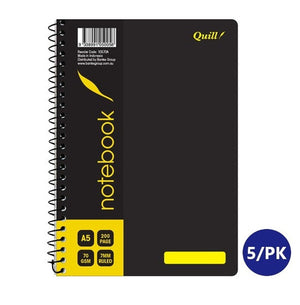 Quill Q Series A5 notebook with a black PP cover, yellow quill design, side spiral and A5 200 page label, 5/PK badge
