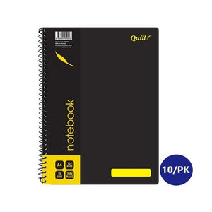 Quill Q Series A4 notebook with a black PP cover, yellow quill design and side spiral binding, shown with a 10/PK badge