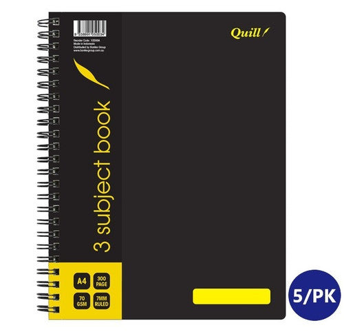 Quill Q Series 3 Subject Book 70gsm PP A4 300 Pages Black Pack of 5