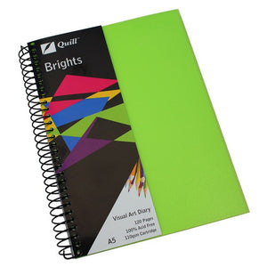 Quill Visual Art Diary A5 with a lime green polypropylene cover over a printed Quill band, black spiral binding and an A5, 120 Pages label, on a white background