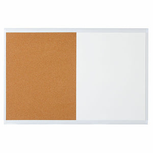 Quartet Basics combination board in a white frame with a cork surface on the left and a white writing surface on the right, on a plain white background