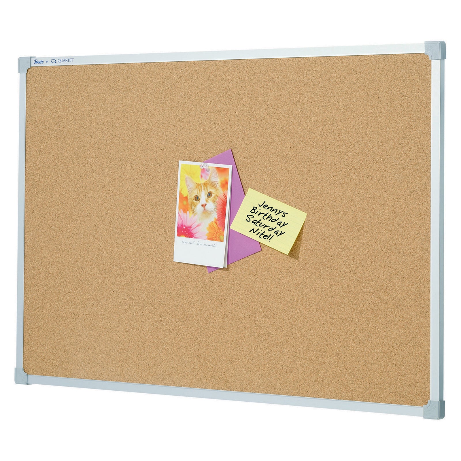 Front angled studio view of the Quartet Corkboard Aluminium Frame 900 x 600mm featuring a premium self healing cork surface, aluminium frame and pinned notes. The board offers a generous display area for offices, schools, meeting rooms and home organisation.