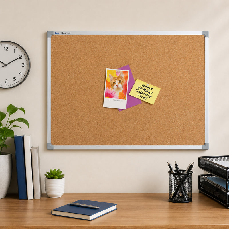 Quartet Corkboard Aluminium Frame 900 x 600mm installed in a professional office environment with notes and photographs securely pinned to the high density cork surface. The board provides an attractive communication centre for reminders, announcements and project information.