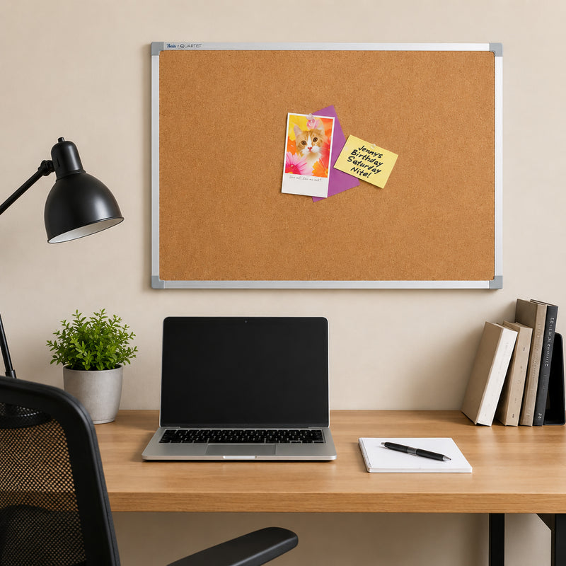 Quartet Corkboard Aluminium Frame 900 x 600mm mounted above a modern office desk displaying photographs, notes and reminders. The self healing cork surface and stylish aluminium frame complement a contemporary workspace while providing an organised area for everyday communication.