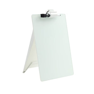 Quartet QTGDE119 white glass desktop easel standing upright on a white stand with a black marker held in the clip at the top