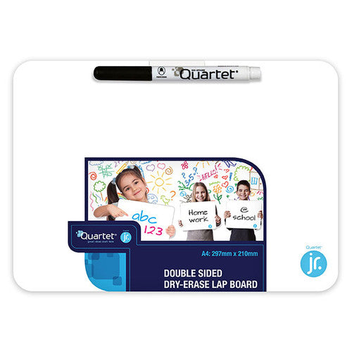Quartet QTSMA4 white A4 double sided dry erase lap board with rounded corners, a black Quartet marker across the top and a Quartet jr. header card