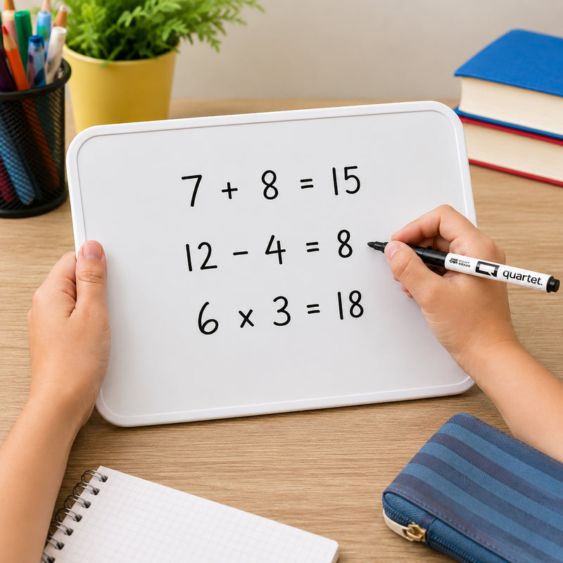 Close up of the Quartet Double Sided Magnetic Lap Board 210 x 300mm displaying simple maths equations as hands write with the included Quartet dry erase marker. The magnetic dry erase surface provides a smooth writing experience for classroom exercises, tutoring and home education.