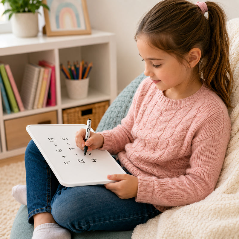 Young student using the Quartet Double Sided Magnetic Lap Board 210 x 300mm while practising maths at home. The lightweight reusable dry erase board rests comfortably on the child's lap, making it ideal for homework, numeracy activities, homeschooling and classroom learning.