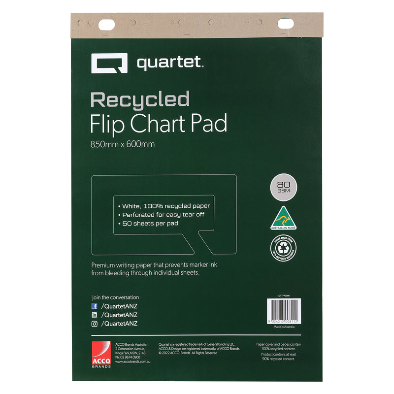 Quartet flipchart pad in its dark green printed cover, showing the pad name, the pad size, a GSM badge and the sheet count