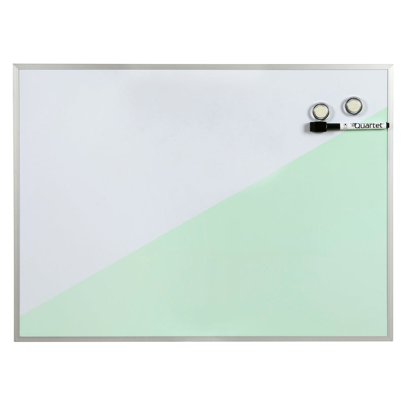 Front product image of the Quartet Geo Magnetic Whiteboard Teal 430 x 580mm featuring the decorative geometric surface, wood frame, two magnets and Quartet dry erase marker. The image clearly showcases the generous writing area and elegant modern styling.