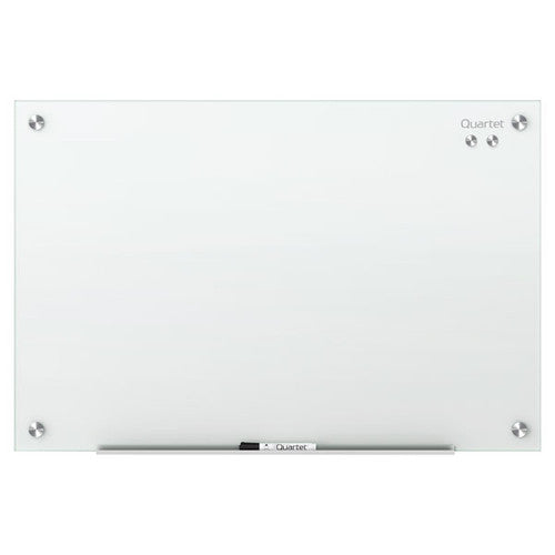 Quartet Infinity QTG2418W white frameless glass board hung landscape with round metal fittings at each corner and a marker tray along the bottom edge