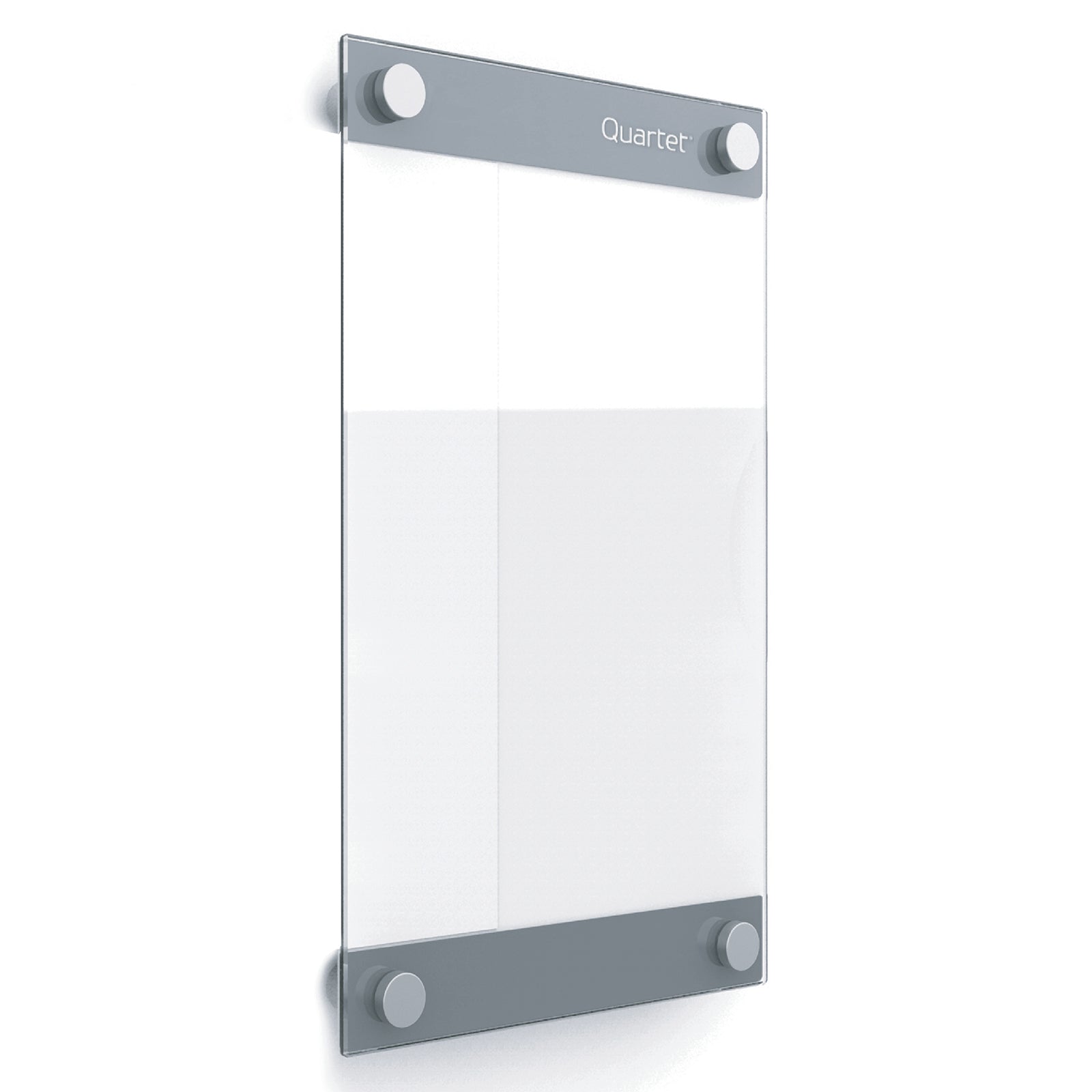 Angled product view of the Quartet Infinity Glassboard Custom 215 x 279mm on a clean white background. The image highlights the clear frameless glass surface, four round mounting caps and silver top and bottom panels, presenting the compact magnetic dry erase board as a professional solution for customised planners and reminders.