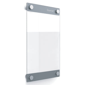 Quartet Infinity custom glassboard GI1117, angled studio view of a clear glass panel with grey bars and round silver caps at the top and bottom and the Quartet logo at the top right. The same image is used for both custom sizes and is not drawn to scale