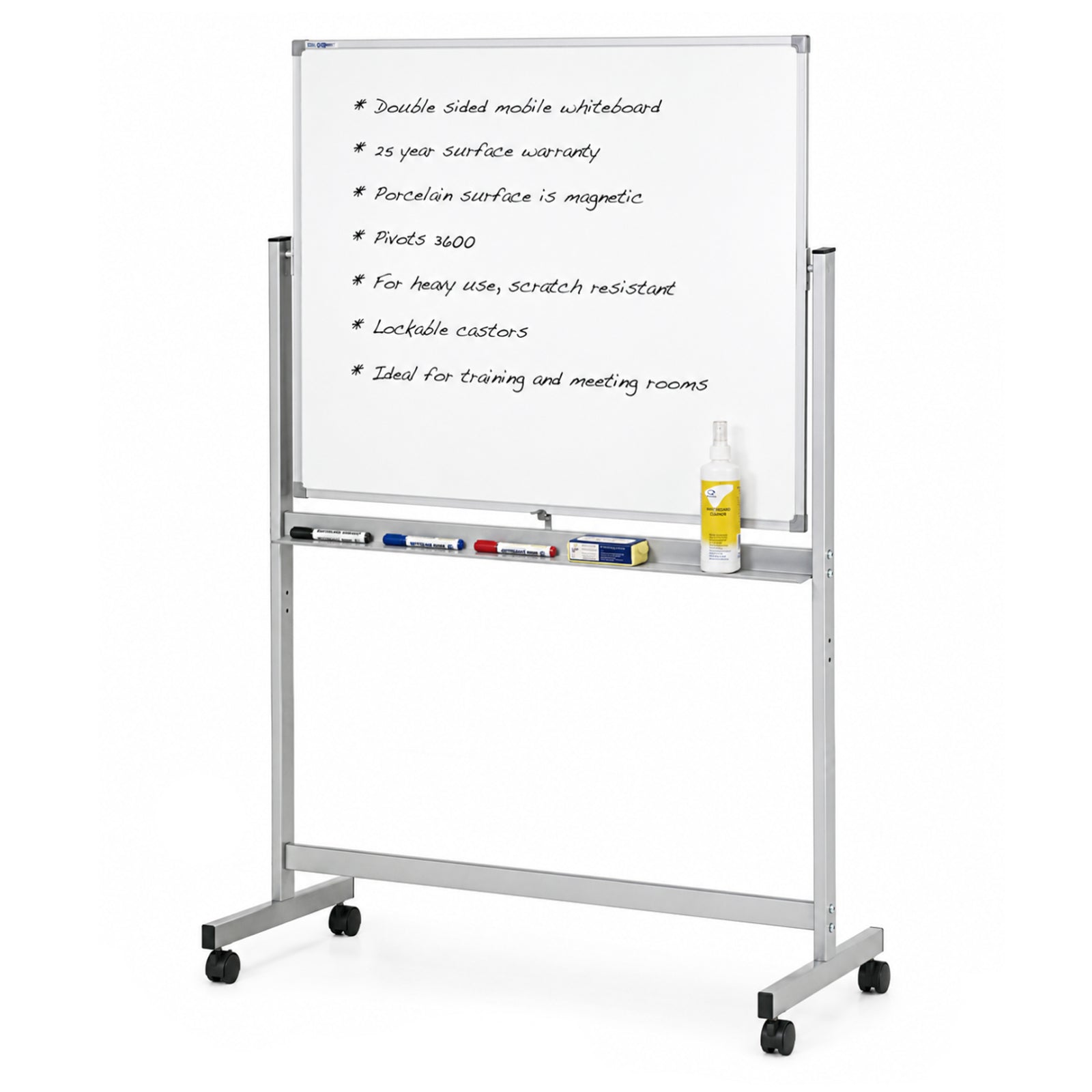 Front facing studio image of the Quartet Penrite Magnetic Porcelain Mobile Whiteboard 1200 x 900mm featuring a double sided magnetic porcelain surface, strong aluminium frame, rotating board mechanism, marker tray and lockable castors. The clean presentation showcases a premium mobile whiteboard suitable for classrooms, boardrooms, offices and training facilities.