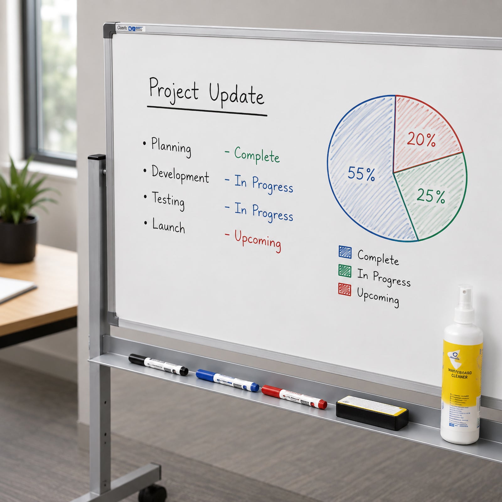 Close up of the Quartet Penrite Magnetic Porcelain Mobile Whiteboard 1200 x 900mm displaying a colourful project update with charts and handwritten notes. The premium porcelain magnetic surface offers excellent clarity while markers, eraser and whiteboard cleaner sit neatly on the integrated accessory tray, highlighting the board's practical design for everyday workplace use.