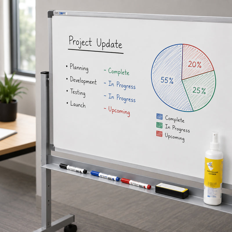 Close up of the Quartet Penrite Magnetic Porcelain Mobile Whiteboard 1200 x 900mm displaying a colourful project update with charts and handwritten notes. The premium porcelain magnetic surface offers excellent clarity while markers, eraser and whiteboard cleaner sit neatly on the integrated accessory tray, highlighting the board's practical design for everyday workplace use.