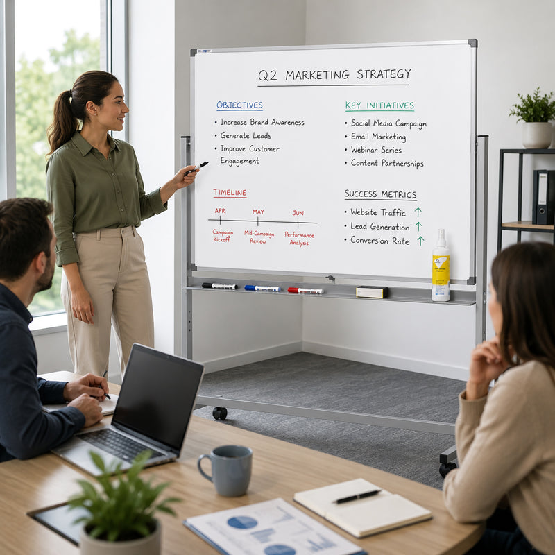 Quartet Penrite Magnetic Porcelain Mobile Whiteboard 1200 x 900mm being used during a business presentation in a modern office meeting room. The presenter writes on the double sided magnetic porcelain surface while colleagues participate in a collaborative planning session. The sturdy aluminium frame, mobile stand and lockable castors demonstrate its suitability for professional offices, classrooms and training environments.