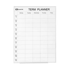 Quartet Term Planner QTTERM1209A, front view of a white board in a silver frame headed TERM PLANNER, with Monday to Friday columns, week rows numbered 1 to 11 and a tray along the lower edge