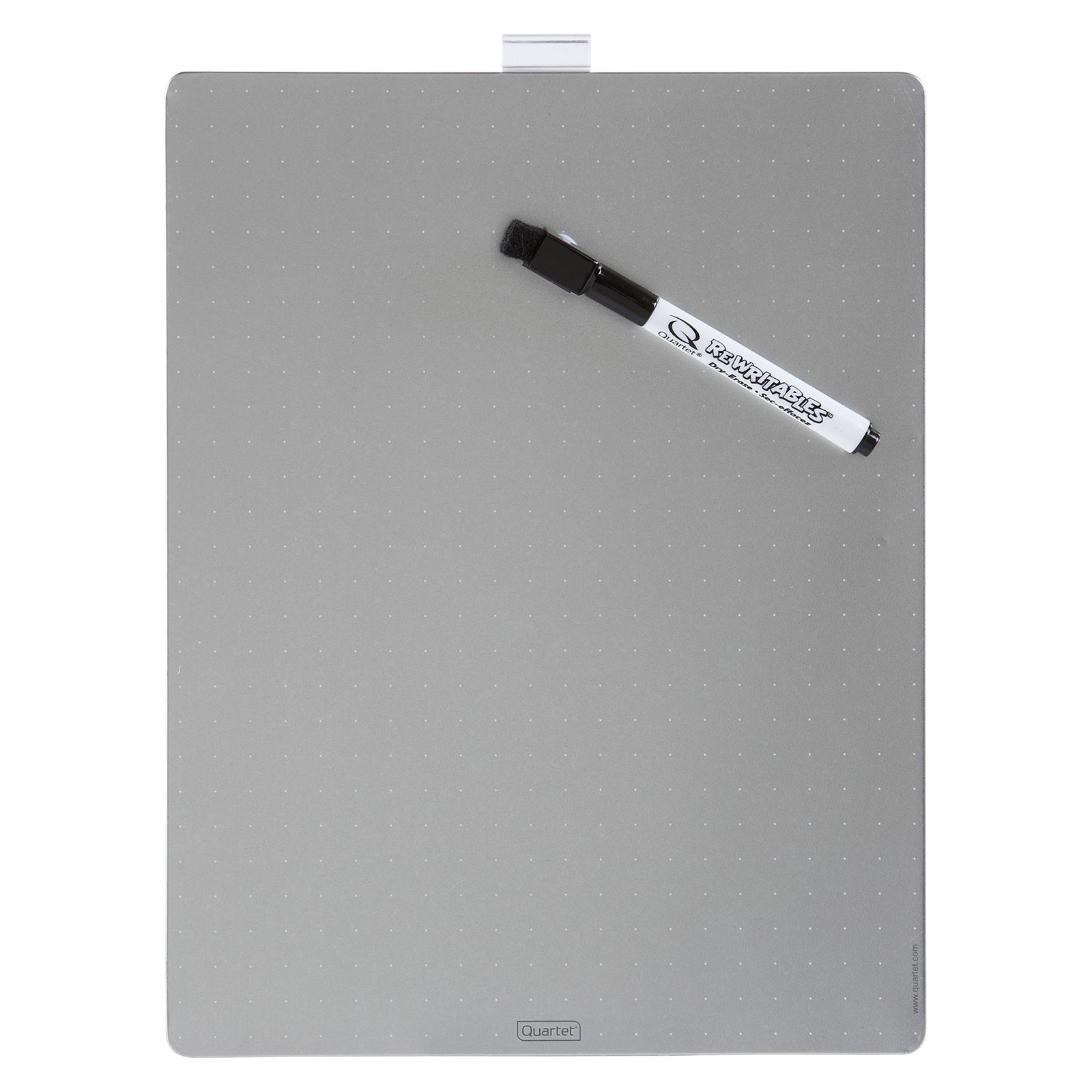 Front product image of the Quartet Magnetic Whiteboard Tile Silver 216 x 280mm with the included dry erase marker attached to the magnetic surface. The frameless metallic finish showcases its minimalist appearance and reusable writing area for notes, reminders and planning.