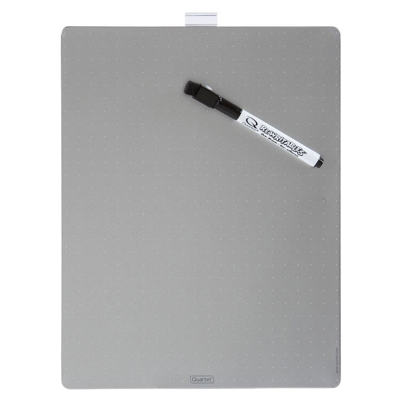 Front product image of the Quartet Magnetic Whiteboard Tile Silver 216 x 280mm with the included dry erase marker attached to the magnetic surface. The frameless metallic finish showcases its minimalist appearance and reusable writing area for notes, reminders and planning.