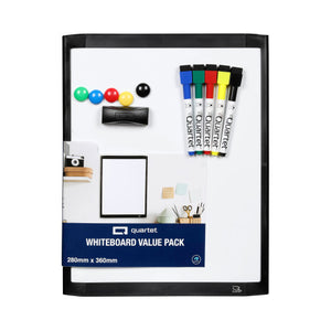Quartet whiteboard value pack QTWBVPA3 in a black frame with a navy label reading Whiteboard Value Pack 280mm x 360mm, 5 coloured markers, 5 round magnets and a black eraser on the board