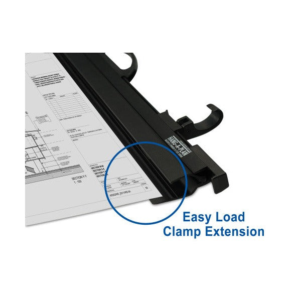 Close up of a black Quickfile clamp with a drawing resting on the extension, labelled Easy Load Clamp Extension