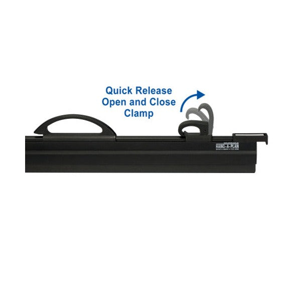 Close up of a Quickfile cam lever rising from the black clamp, labelled Quick Release Open and Close Clamp
