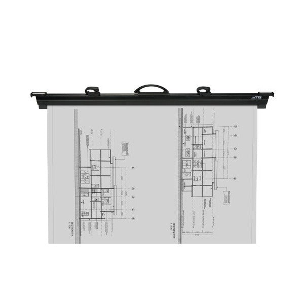 Black Quickfile binder holding a set of large architectural drawings, viewed front on
