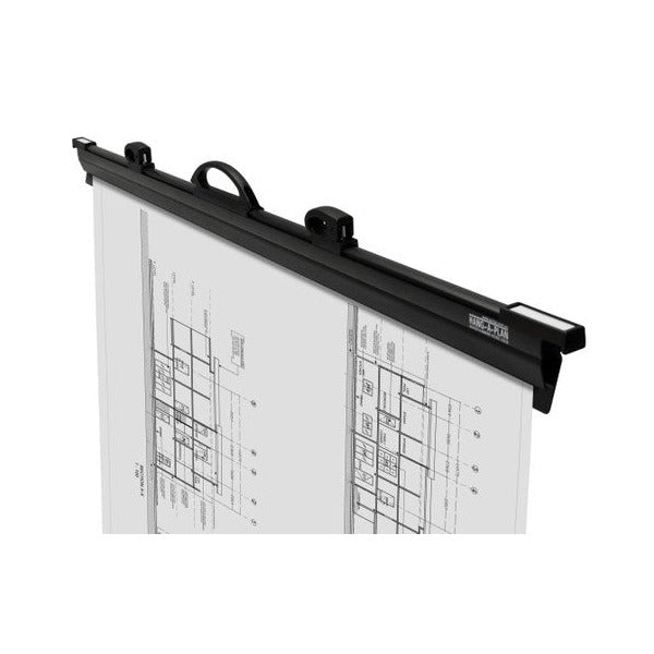 Black Quickfile binder holding architectural floor plan drawings, viewed at an angle from one end