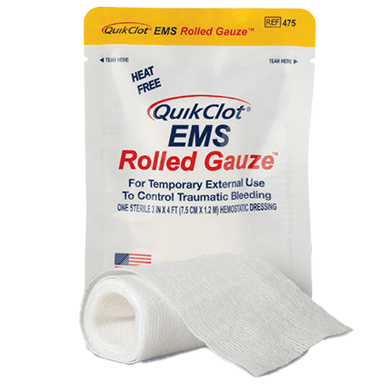 QuikClot Haemostatic EMS Roll 7.5cm x 1.2M kaolin-impregnated gauze for severe wound bleeding haemorrhage control