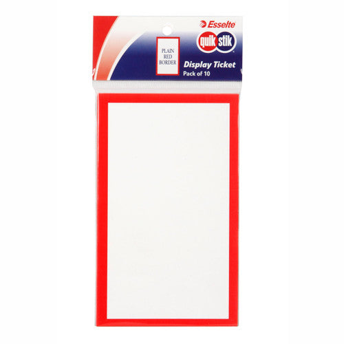 QuikStik Display Tickets Plain with Red Border pack of 10, white write-on tickets with bold red border for custom hand-written pricing and product information in retail displays