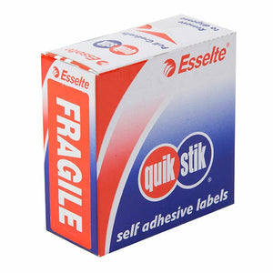 QuikStik self adhesive labels dispenser box with a red Fragile label panel down the side and Esselte branding