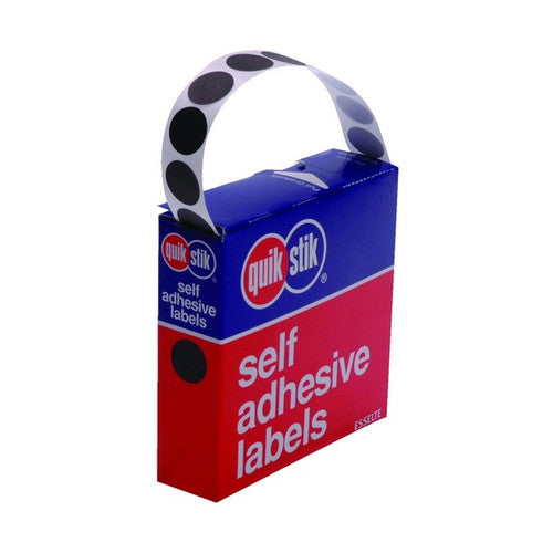 QuikStik Removable Adhesive Label Dispenser Circle 14mm Black pack of 1050, black circular labels with removable adhesive for colour coding on light surfaces and retail identification