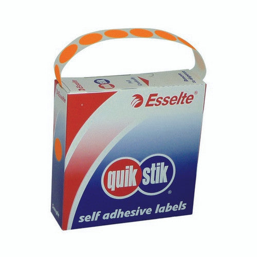 QuikStik Label Dispenser Circle 14mm Fluoro Orange pack of 700, bright orange circular labels with permanent adhesive for high-visibility marking, urgent stock identification and colour coding