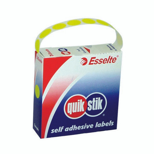 QuikStik Label Dispenser Circle 14mm Fluoro Yellow pack of 700, bright yellow circular labels with permanent adhesive for high-visibility marking and colour coding