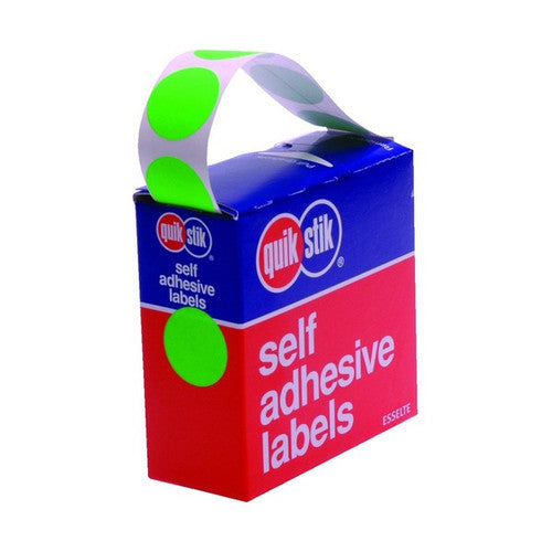QuikStik Label Dispenser Circle 24mm Fluoro Green pack of 350, bright green circular labels with permanent adhesive for high-visibility marking, quality control and colour coding