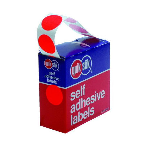 QuikStik Label Dispenser Circle 24mm Fluoro Red pack of 400, bright red circular labels with permanent adhesive for high-visibility marking, urgent stock identification and colour coding