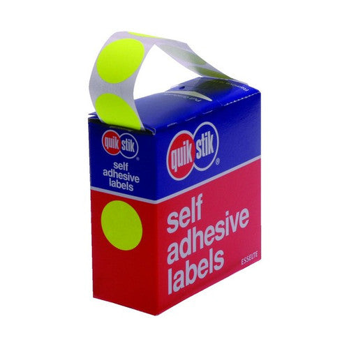 QuikStik Label Dispenser Circle 24mm Fluoro Yellow pack of 400, bright yellow circular labels with permanent adhesive for high-visibility marking, colour coding and inventory identification