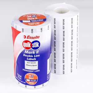 QuikStik Pricing Gun Labels Mark II Permanent Best Before pack of 5 rolls, 23 x 16mm white labels with pre-printed Best Before text for double-line food date coding