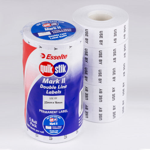 QuikStik Pricing Gun Labels Mark II Permanent Use By pack of 5 rolls, 23 x 16mm white labels with pre-printed Use By text for food safety compliance date marking