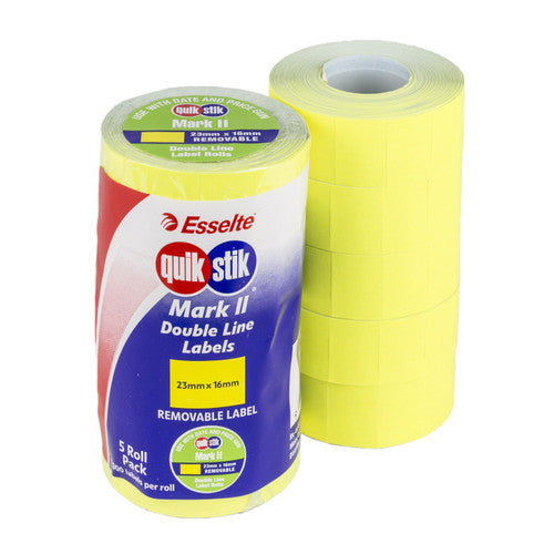 QuikStik Pricing Gun Labels Mark II Removable Fluoro Yellow pack of 5 rolls, 23 x 16mm high-visibility yellow labels with removable adhesive for double-line promotional pricing