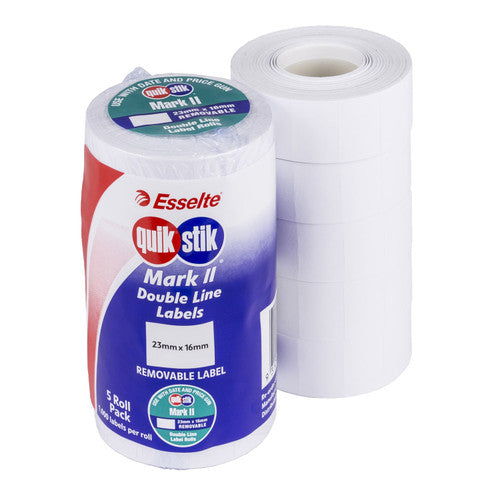 QuikStik Pricing Gun Labels Mark II Removable White pack of 5 rolls, 23 x 16mm white labels with removable adhesive for flexible double-line pricing and temporary retail labelling