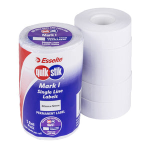 QuikStik Pricing Gun Labels Mark I Permanent White pack of 5 rolls, 22 x 12mm white labels with permanent adhesive for secure retail pricing on the QuikStik Mark I price gun