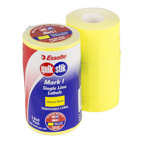 QuikStik Pricing Gun Labels Mark I Removable Fluoro Yellow pack of 5 rolls, 22 x 12mm high-visibility yellow labels with removable adhesive for promotional retail pricing