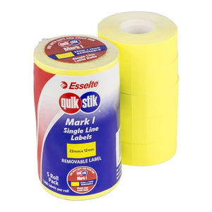 QuikStik Pricing Gun Labels Mark I Removable Fluoro Yellow pack of 5 rolls, 22 x 12mm high-visibility yellow labels with removable adhesive for promotional retail pricing