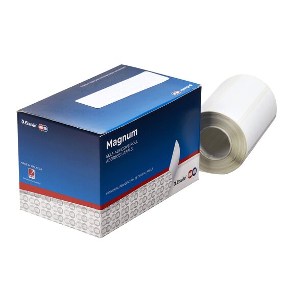 QuikStik Magnum self adhesive roll address labels box beside a loose roll of white labels
