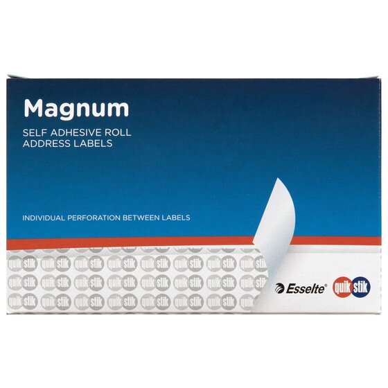 Front of the QuikStik Magnum self adhesive roll address labels box noting individual perforation between labels