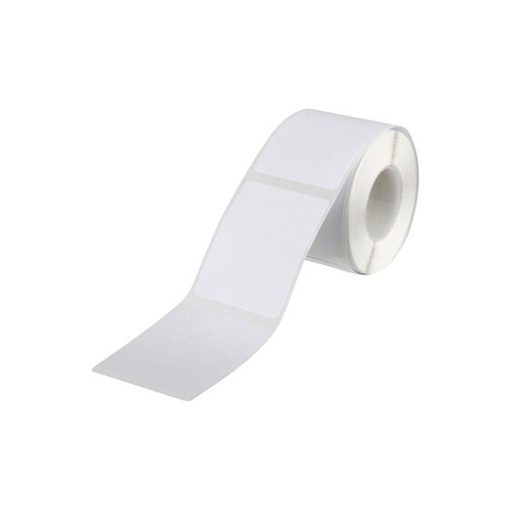 Roll of QuikStik white 35 x 45mm rectangular labels partly unwound on the backing paper