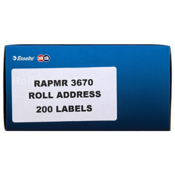 Side of the QuikStik 80165RP box with a label reading RAPMR 3670, roll address, 200 labels