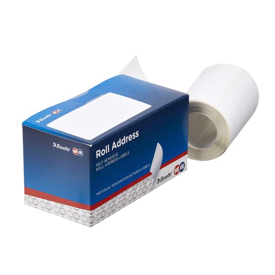 QuikStik roll address self adhesive labels box with a loose roll of white labels standing beside it